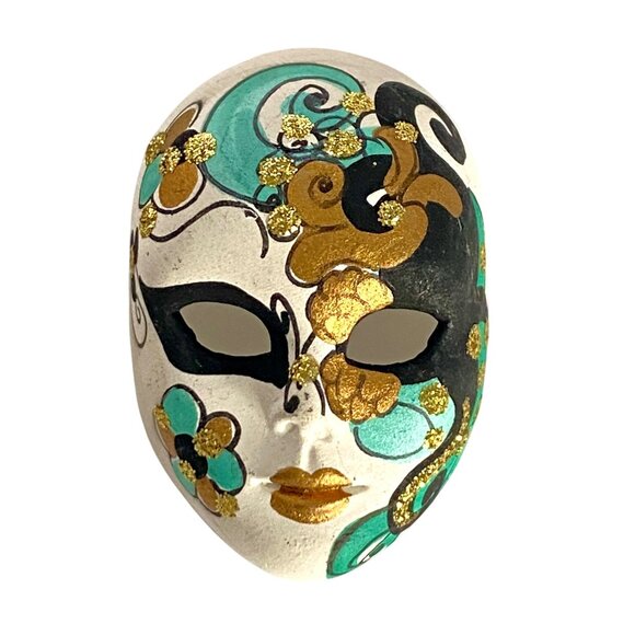 Mardi Gras Mask Hand Painted Ceramic Pin Brooch With Gold Teal Floral Accents - Picture 1 of 4